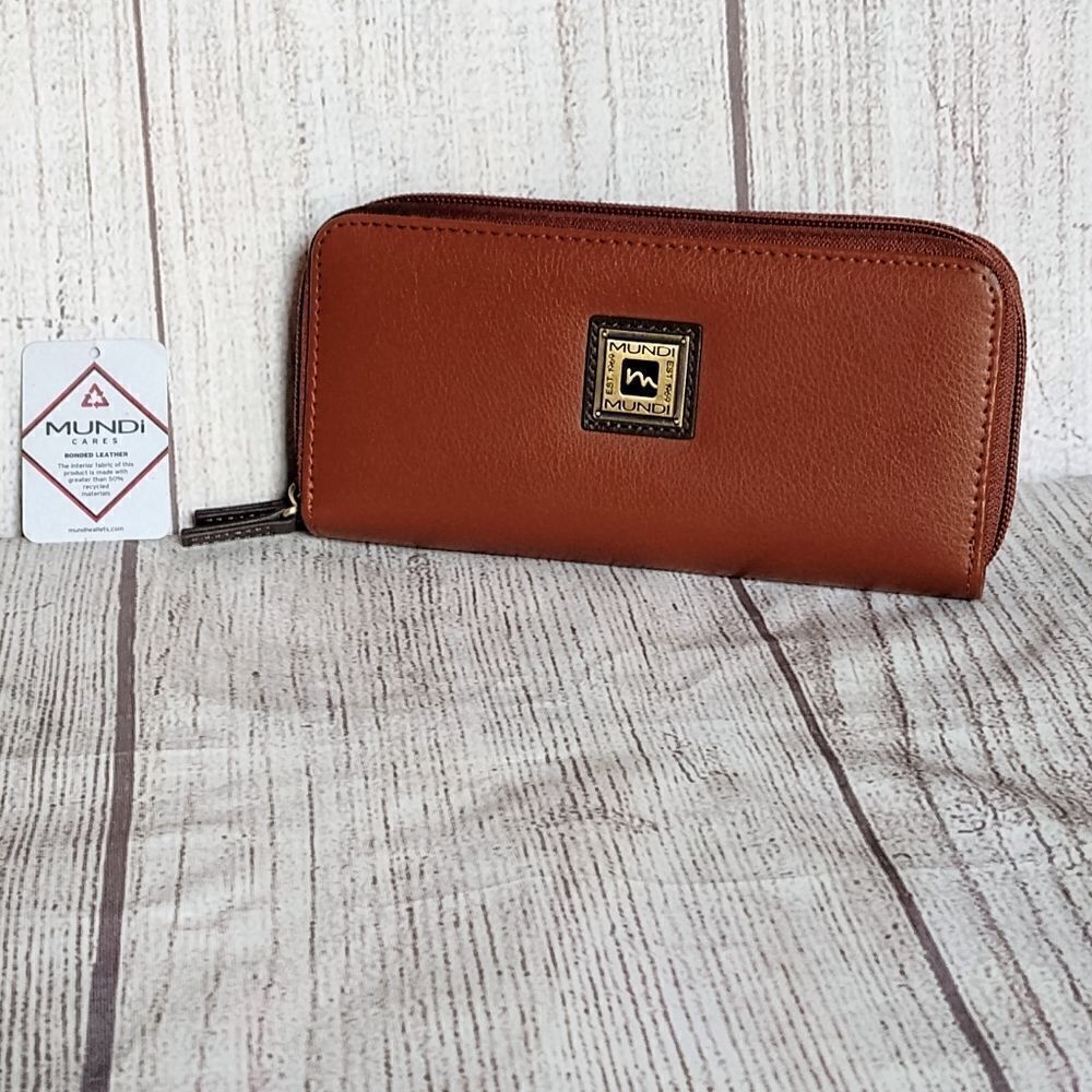 Mundi Classic Double Zip Around Wallet Clutch in Brown, New!